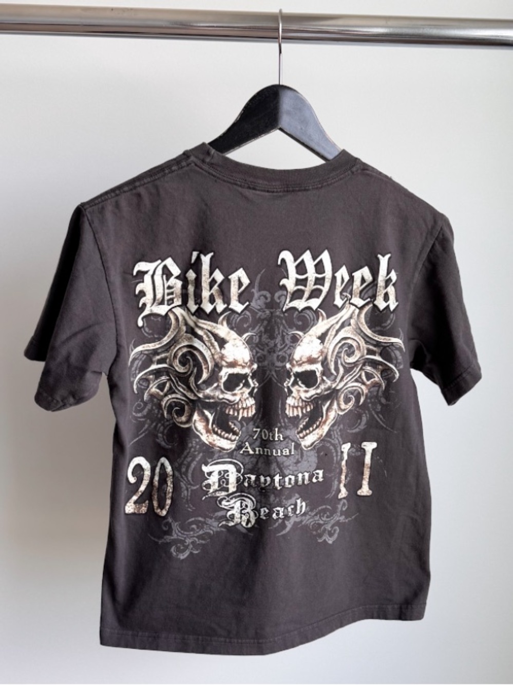 Vtg 2011 Daytona Bike Week 70th Anniversary Baby Tee 18.5x22.25 Biker Skull Grey